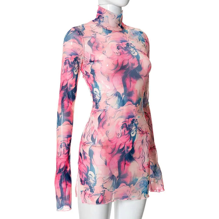 Flare Sleeve Color Printing Bodycon Dress Mini Women Clothing Turtleneck Sexy Streetwear High Waist Fashion One-Pieces Outfits