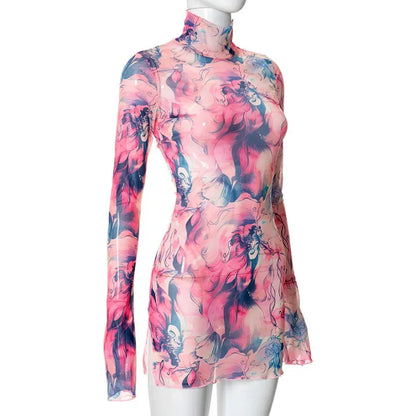 Flare Sleeve Color Printing Bodycon Dress Mini Women Clothing Turtleneck Sexy Streetwear High Waist Fashion One-Pieces Outfits