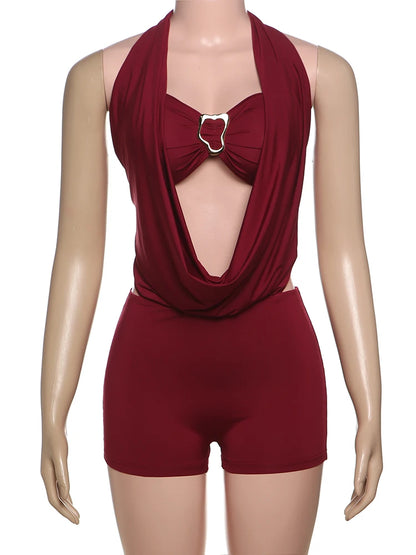 Sisterlinda Swinging Neck Backless Playsuits Sexy Stunning Pleated Backless Slim Rompers+Inside Wrapped Chest Tanks Party Wear