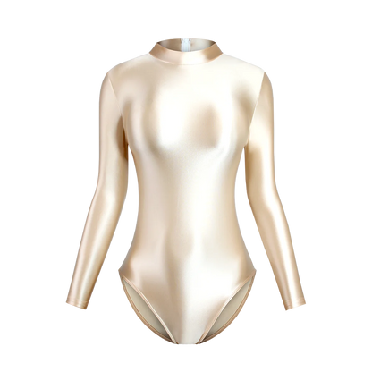 Satin Glossy Leotards Long Sleeve Back Zipper One Piece Swimsuit Sexy High-Cut Bikini Bodysuit Women Bathing Suit Plus Size
