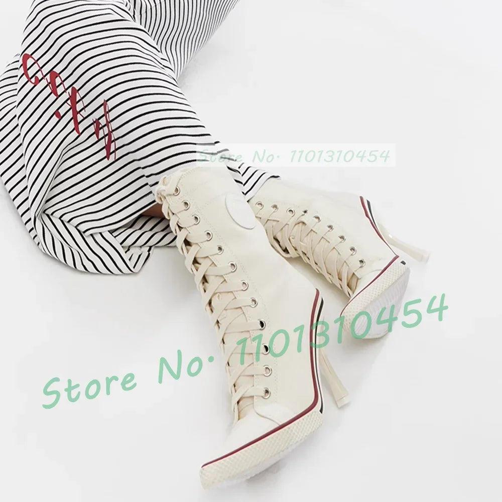 White High Heel Canvas Ankle Boots Women Front Cross-tied Pointy Toe Shoes Side Zipper Sexy Girls Sporty Casual High Top Booties