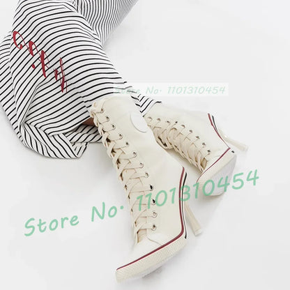 White High Heel Canvas Ankle Boots Women Front Cross-tied Pointy Toe Shoes Side Zipper Sexy Girls Sporty Casual High Top Booties