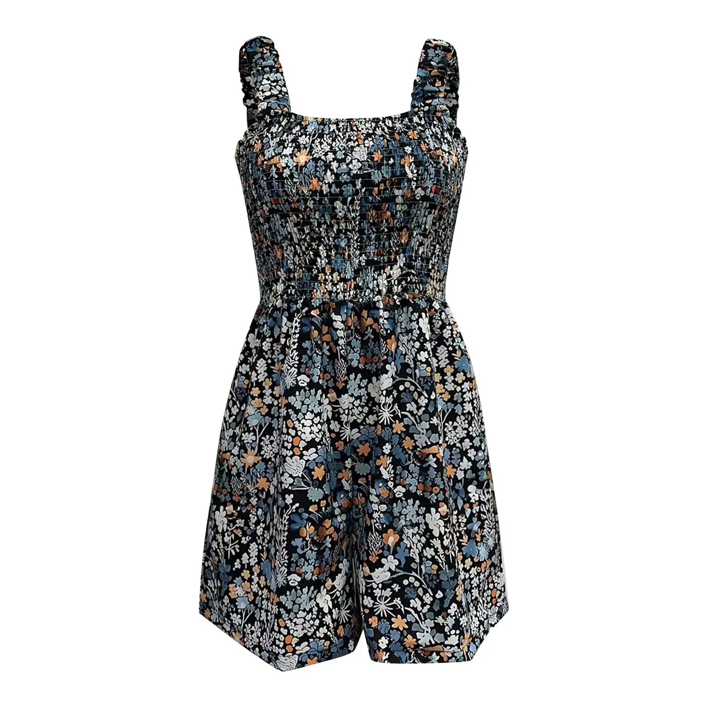 Ladies' Summer Casual Smocked Rompers Chic Square Neck Sleeveless Loose Shorts Jumpsuits Thin Bohe Style Beach Vacation Outfits