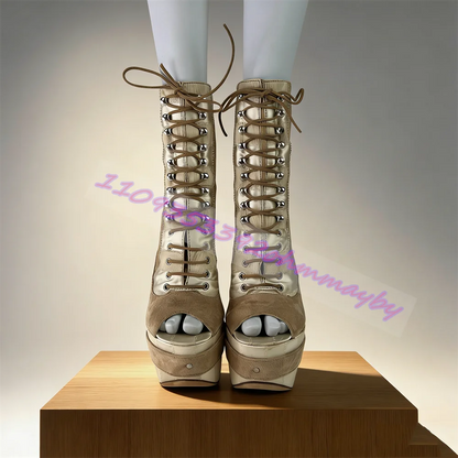 Khaki Faux Suede Platform Ankle Boots Round Toe Front Lace Up Back Cutout Buckle Strap High Heel Vintage Fashion Party Booties