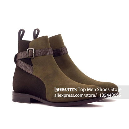 Suede Buckle Strap Ankle Boots Suede Leather Side Buckle Casual Dress Boots Vintage Suede Low Block Heel Pull On Boots for Men