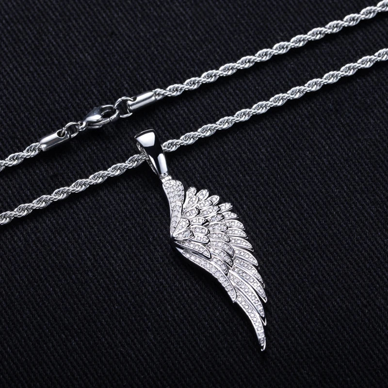 MossanRappr Sparkling Moissanite Iced Out Angel Wing Pendant 14K Gold Plated Trendy Hip Hop Necklace Jewelry Gifts for Men Women