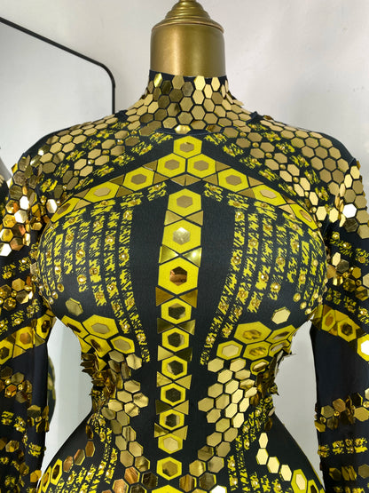 Women Performance Costumes Printed Sequines Rhinestones Spandex High Elastic Bodycon Jumpsuits Nightclub Evening Party Dress