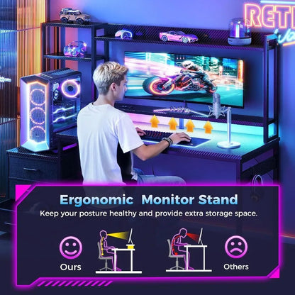 Gaming Desk with Shelves and 3 Drawers and LED Light and Hutch