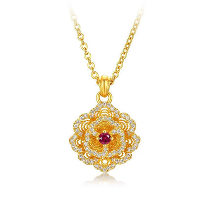 Real Kt18 Gold Color Diamond Peony Pendant Necklace for Women Lover Valentine's Day Birthday Chain Earring Jewelry Sets Gifts