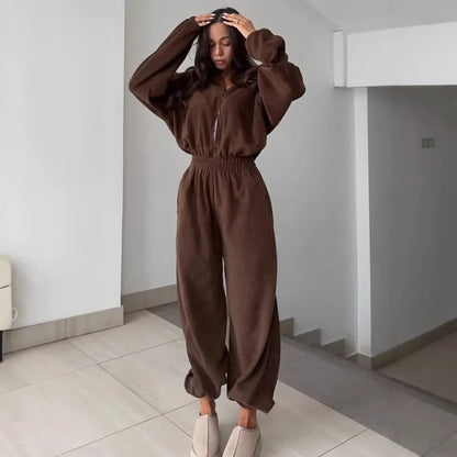 Zekye Women's Fleece Zip Up Collared Jumpsuit Elastic Waist Loose Fit Long Sleeve Casual Winter One Piece Outfit Multiple Colors