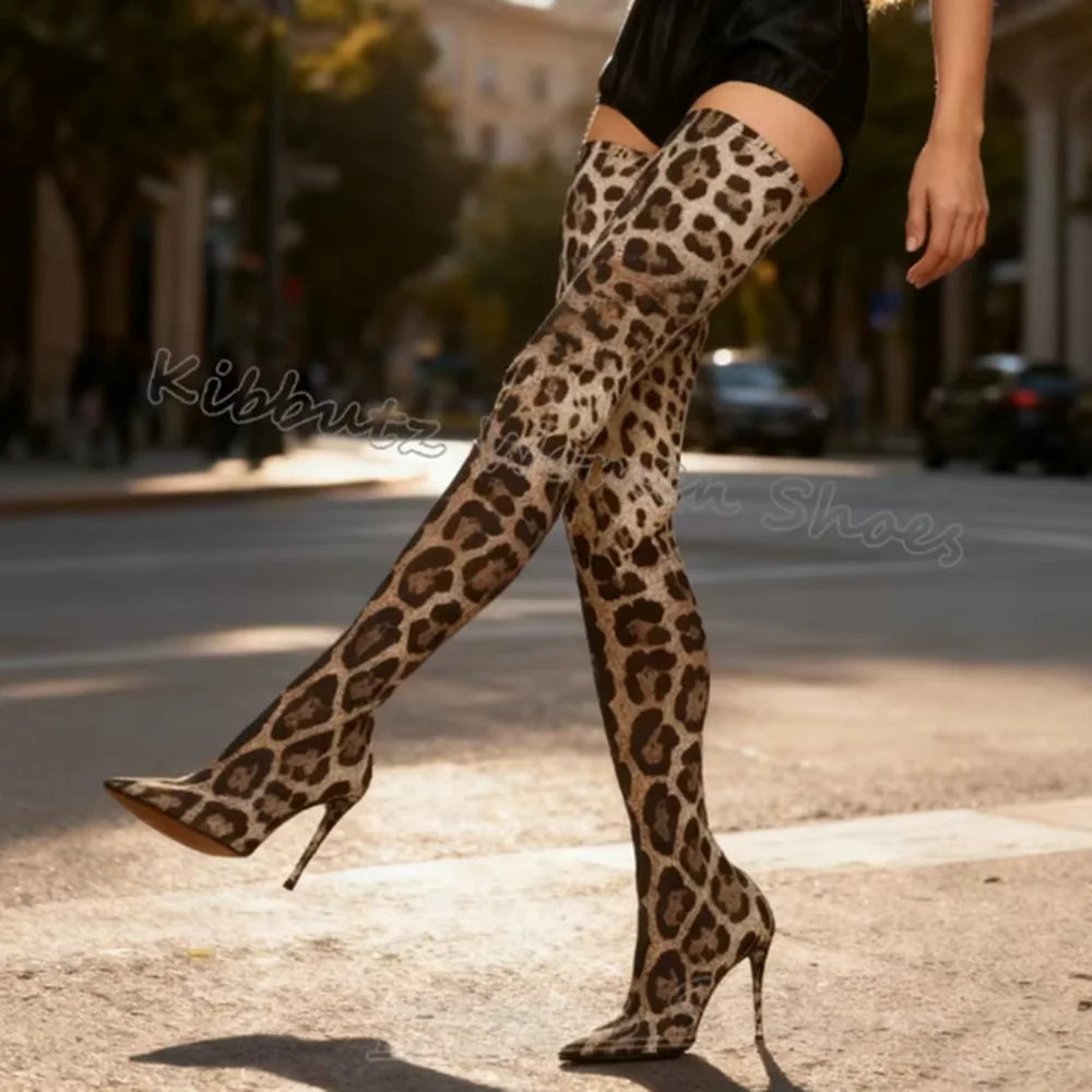 Leopard Over The Knee Boots Tight Fitting Pointy Thin Heels Slip-On Sexy Runway Show Fashion Party Pubs Shoes for Women Newest
