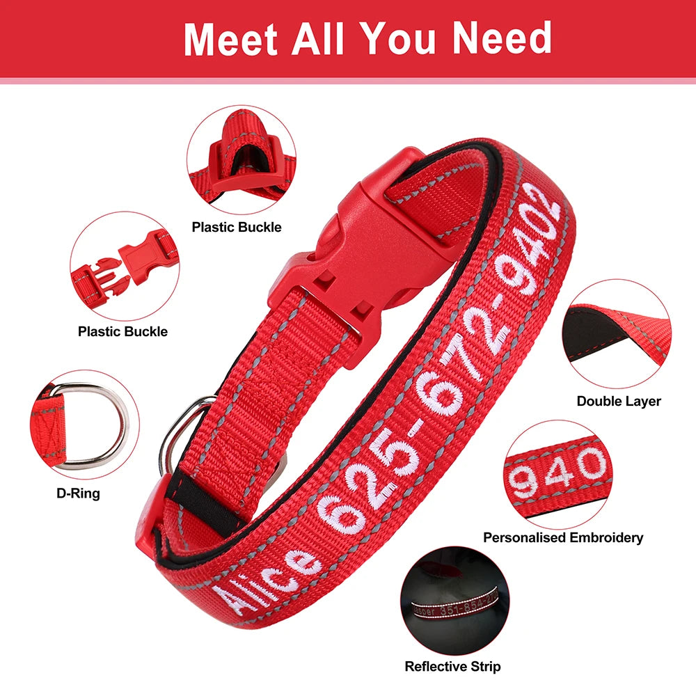 Embroidered Nylon Dog Collar Free Custom Dogs Collar Reflective Pet ID Name Phone No. For Small Medium Large Dogs Pug Adjustable