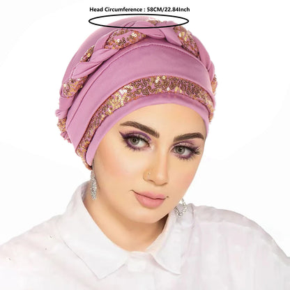 Women Hijabs Turban Hats Sequin Solid Color Braid Twist Caps Cancer Chemotherapy Beanies Cap Headwrap Plated Hair Loss Cover