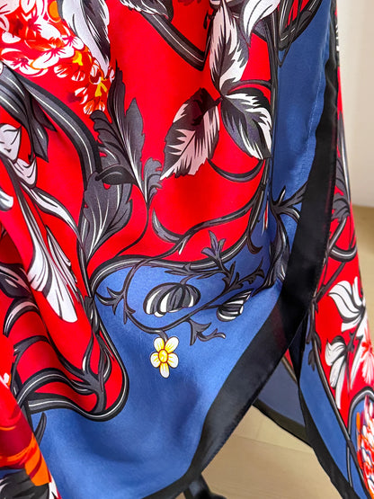 Vintage Curly Vine Floral Print Satin Abaya Scarf Set, Loose Batwing Kaftan For Muslim Women Summer Daily Beach Holiday Wear