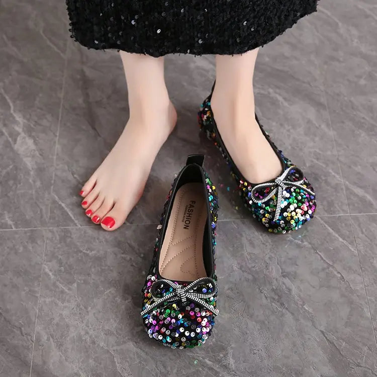 2026 Women Bling Flats Shoes Casual Walking Shoes Spring New Round Toe Bowtie Female Fashion Brand Dress Zapatillas Mujer