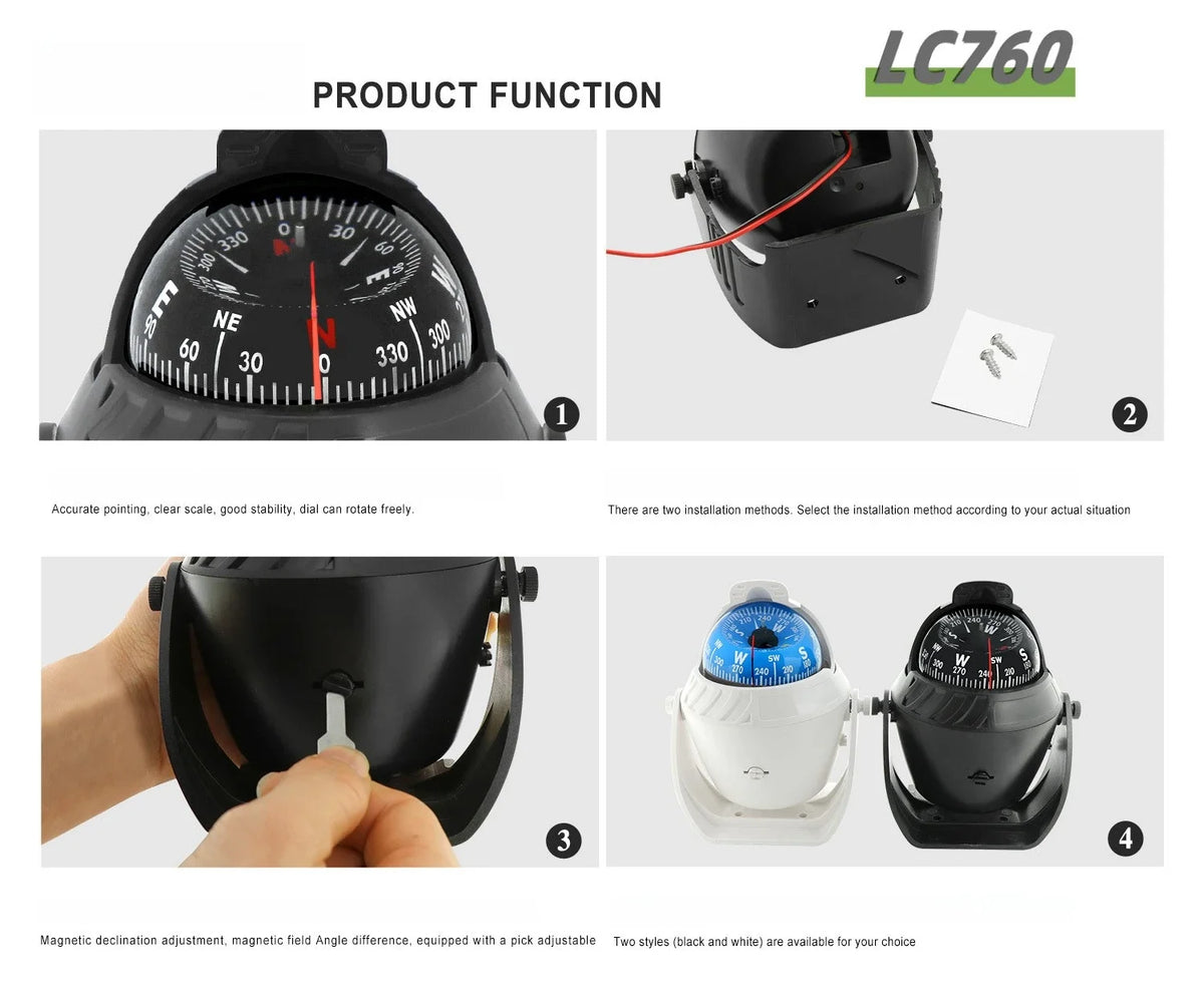 LED Light Electronic Compass, High Precision Pivoting Navigation Compass for Boat Car Marine Use