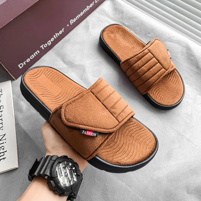Fashion Men's Slippers Suede Cloth Non-Slip Casual Sandals Platform Soft Home Shoes Indoor Slides Outdoor Beach Shoes Flip-flop