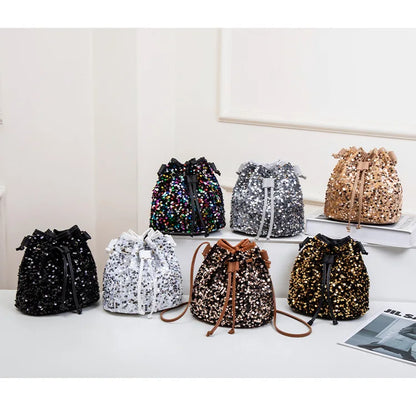 New Chic Multicolor Sequin Shing Shoulder Bag Fashion Versatile Handbag Drawstring Bucket Bag Large Capacity Wallet Purse Bags