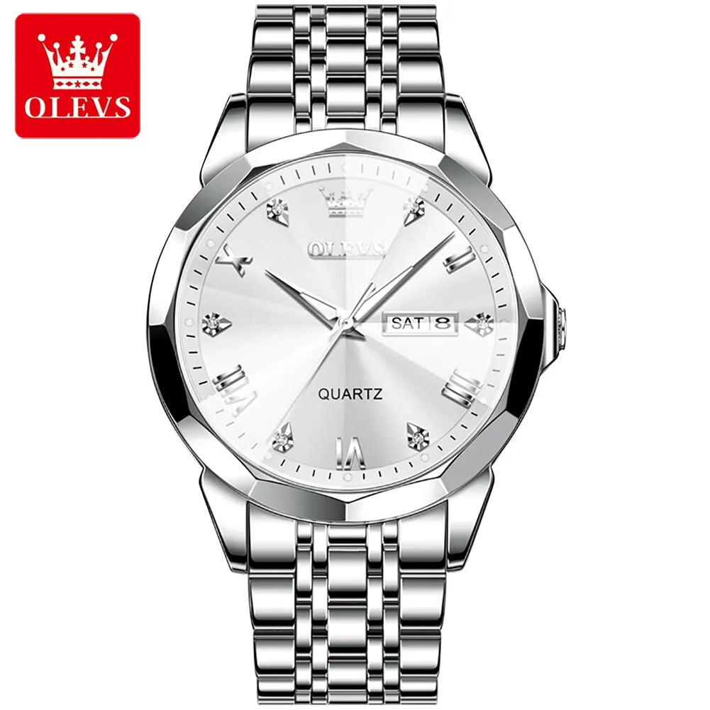 OLEVS Original Waterproof Men's Watches Diamond Mirror Quartz Watch for Man Luminous Stainless Steel Wristwatch Male Date Week