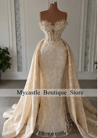 Luxurious Mermaid Wedding Dresses 2026 Bride Strapless Heavy Beaded Lace 2 In 1 Detachable Overskirts Bridal Gown Customized