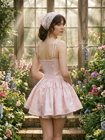 ReddaChic Summer Mini Pink Dress Floral Satin Rompers Cutecore Lace Stitch Spaghetti Strap Corset Dress Coquette Women Clothes