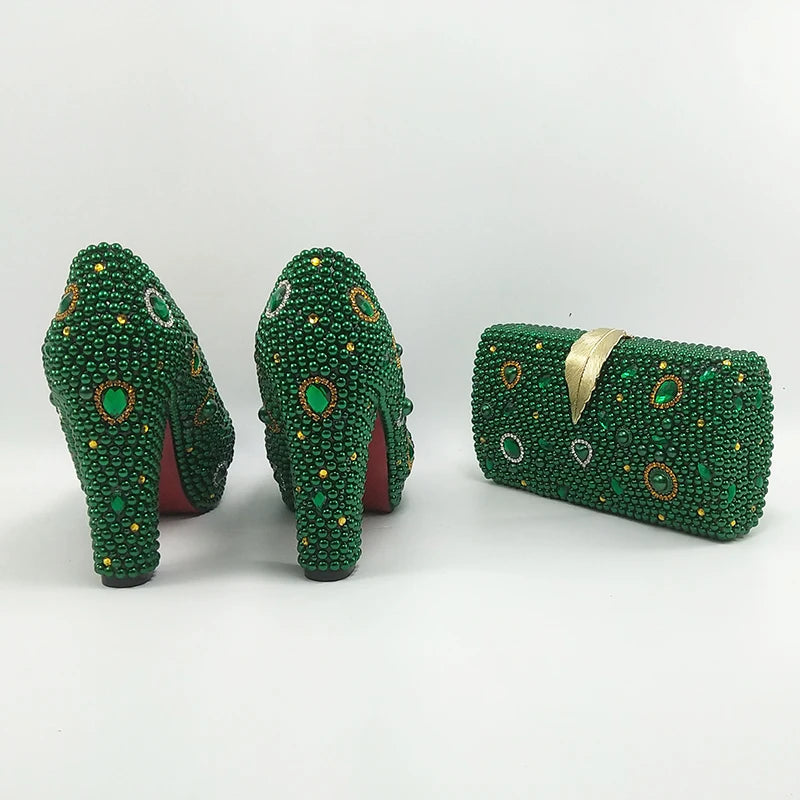 Fashion New Arrival Green Pearl Bridal Shoes and Bag Set Woman Party Dress Shoes Big Size Ankle Strap Buckle Shoes High Pumps