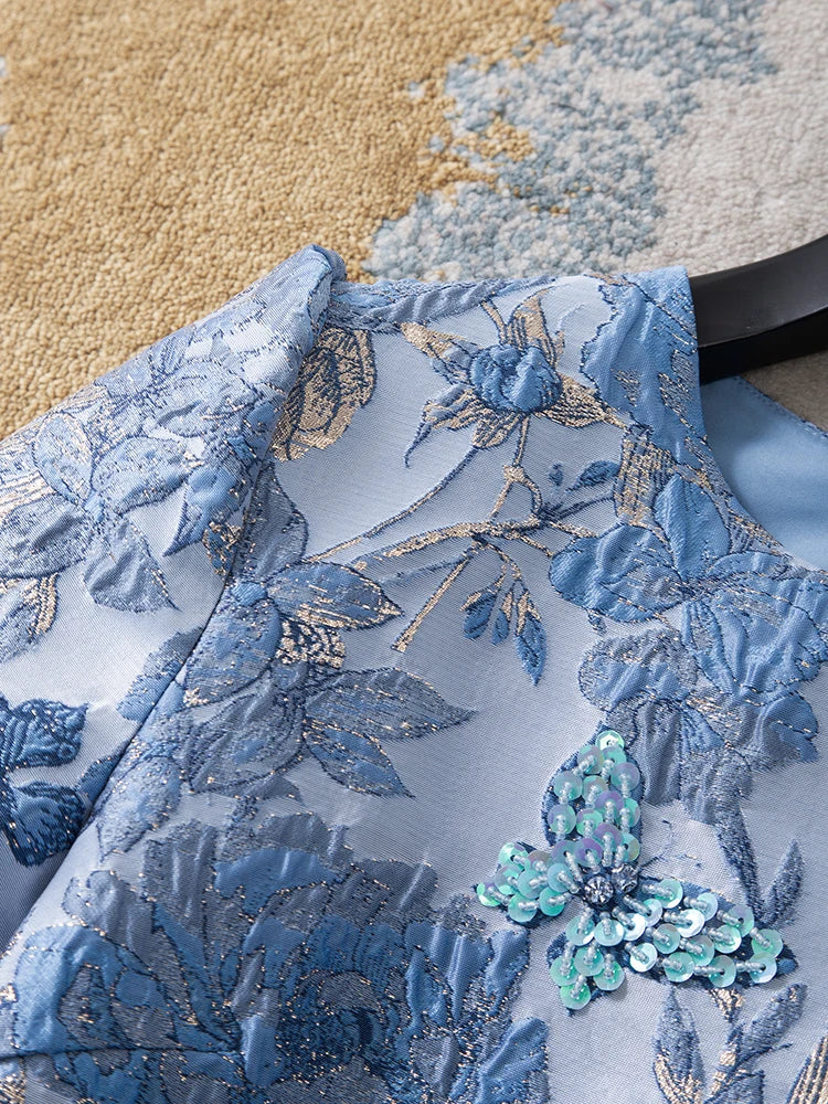 Women Blue Jacquard Beaded Dress Short Sleeve Round Neck a Line Elegant Slim Fit Summer Party Fashion Luxury Midi Dress