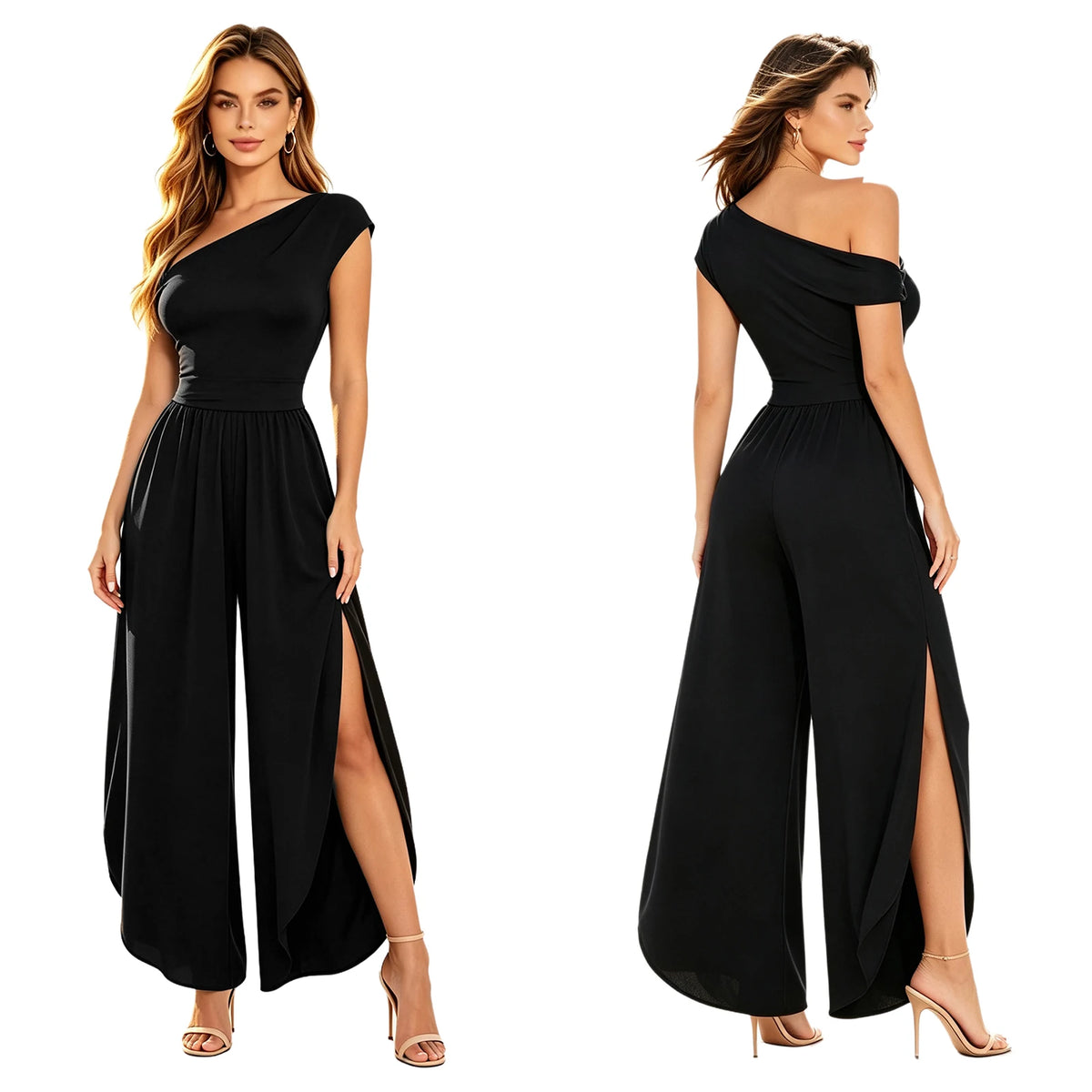 Women Elegant Chiffon Party Jumpsuit Off Shoulder Split Wide Leg Rompers with Pockets for Wedding Formal Party Evening Vacation