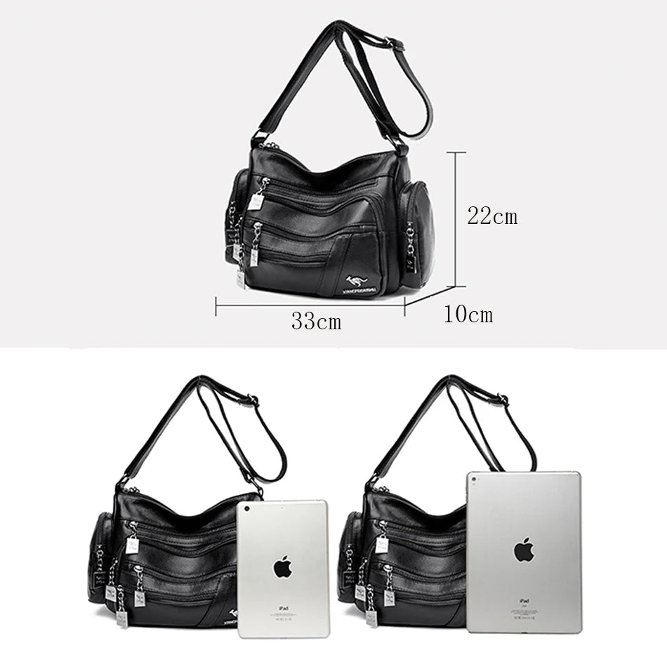 Many Pockets Women Leather Top-handle Bag Luxury Designer Female Shoulder Messenger Shopper Bags Brand Ladies Crossbody Handbags