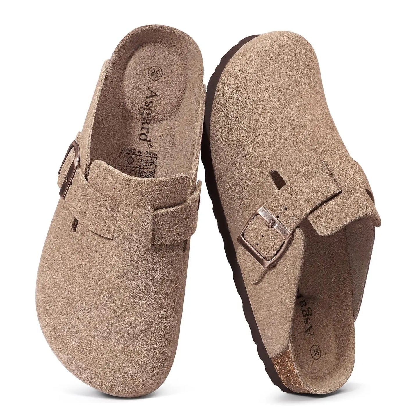 Asgard Women Suede Clogs Genuine Leather Mules Adjustable Buckle with Comfort Cork Footbed and Arch Support Aldult Potato Shoes