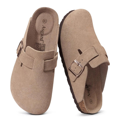 Asgard Women Suede Clogs Genuine Leather Mules Adjustable Buckle with Comfort Cork Footbed and Arch Support Aldult Potato Shoes