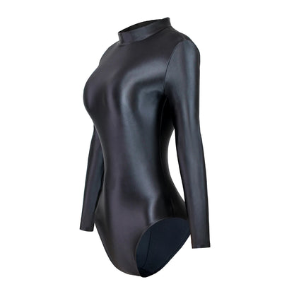 Satin Glossy Leotards Long Sleeve Back Zipper One Piece Swimsuit Sexy High-Cut Bikini Bodysuit Women Bathing Suit Plus Size