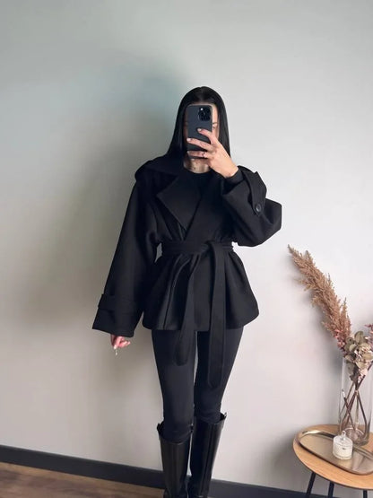 Women Short Wool Blend Trench Coat Lapel Collar Belted Waist Wrap Long Sleeve Loose Overcoat Casual Autumn Winter Lady Jackets