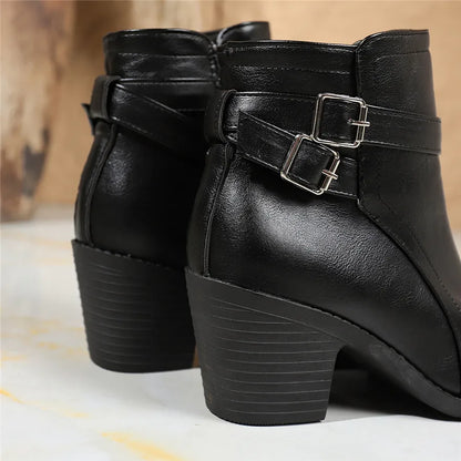 Retro Belt Buckle Women Short Ankle Boots Plus Size 43 Autumn Zipper Soft Leather Square Heel Ladies Pointed Toe Party Shoes New