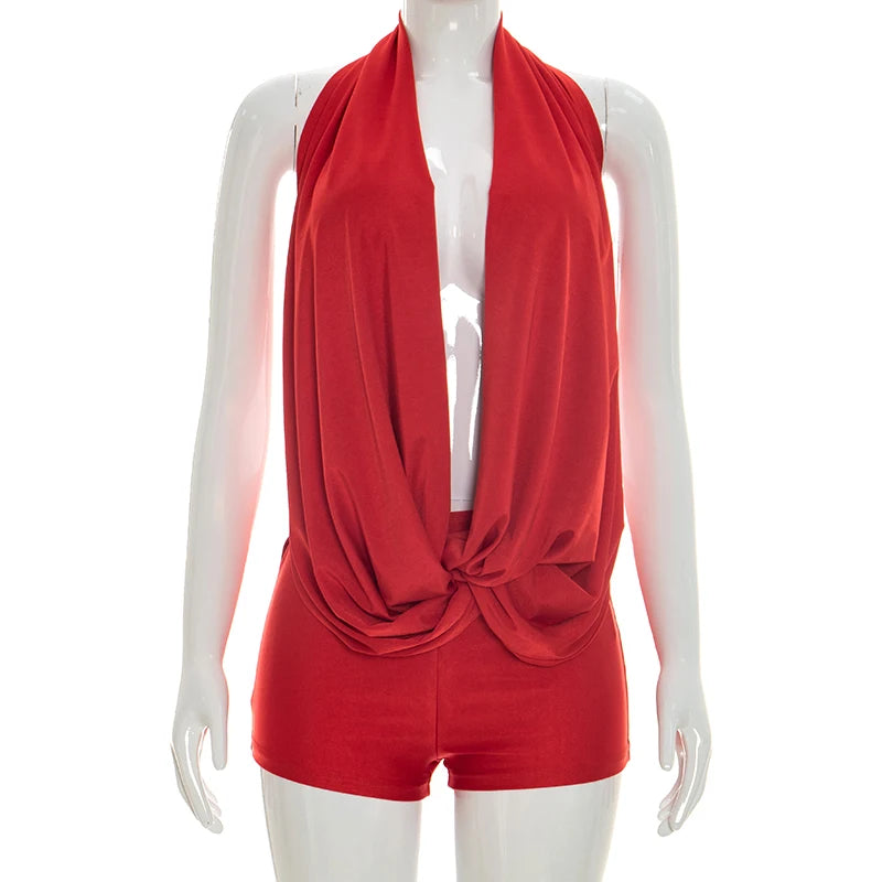 Chic Monokini with Pure Color, Over-the-Shoulder Draped Back Tie-Up Shorts