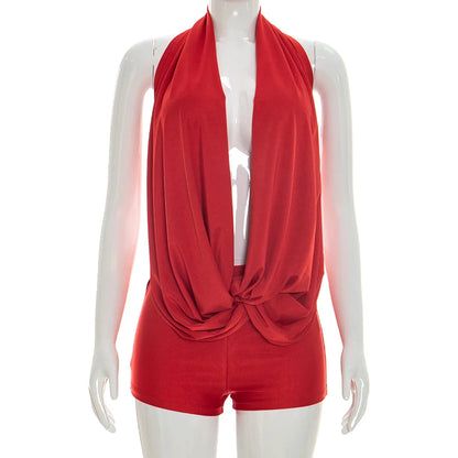 Chic Monokini with Pure Color, Over-the-Shoulder Draped Back Tie-Up Shorts