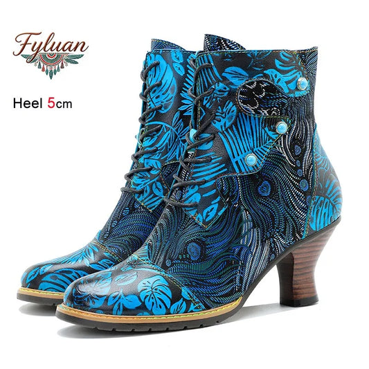Fashion Print Women Short Boots Autumn Winter Ethnic Style High Heel Shoes Vintage Hand Rubbed Color Lace Up Casual Ankle Boots