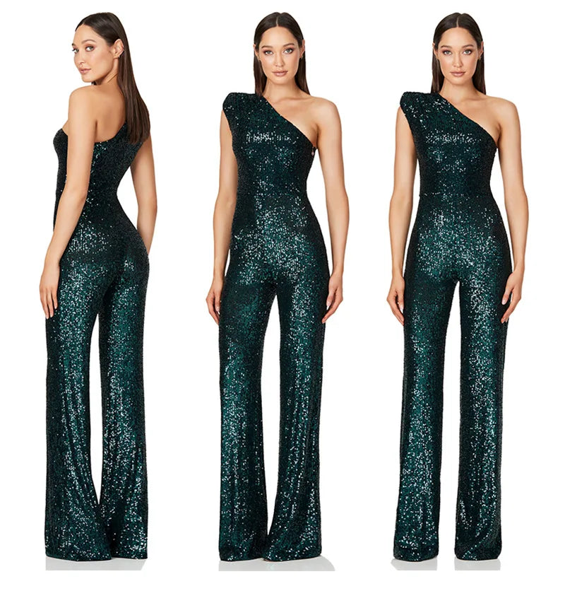 Women Elegant Long Jumpsuits Slanted Collar Party 2026 Sexy Glitter Sequin Club Playsuits Fashion Backless Solid Romper