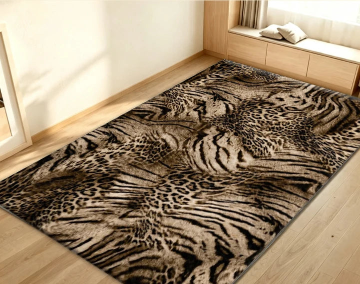 Animal Print Leopard Zebra Mix Area Rug Brown Beige Non‑Slip Carpet Floor Mat for Living Room Bedroom Home Decor