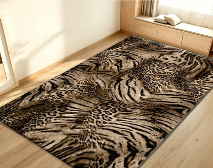 Animal Print Leopard Zebra Mix Area Rug Brown Beige Non‑Slip Carpet Floor Mat for Living Room Bedroom Home Decor