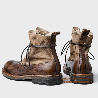 Vintage Thick-Soled Boots Genuine Leather High Top Lace Up Men's Booties British Style Trendy Handmade Cowhide Men's Shoes