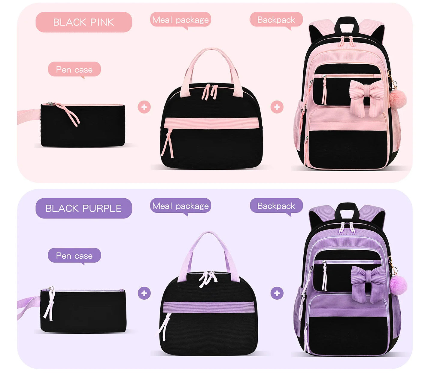 2026 High Quality Corduroy Three Piece Backpack with Cherry Pattern Princess Large Capacity Lightweight School Bag mochilas