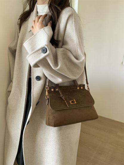 High Quality Retro Top-handle Bags For Women 2025 Winter New Designer Handbags Luxury Flap Shape PU Suede Shoulder Crossbody Bag