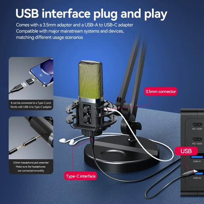 Gaming Microphone Usb Computer Microphone for PC Condenser Podcast Mic for Recording with Headphone Jack, Noise Cancellation