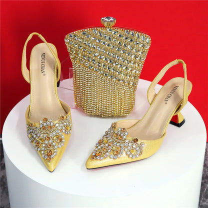 Exquisite 2024 Elegant Woman High Heels Peep Toe Shandals with Rhinestone Italian Design Shoes and Bags Set for Party