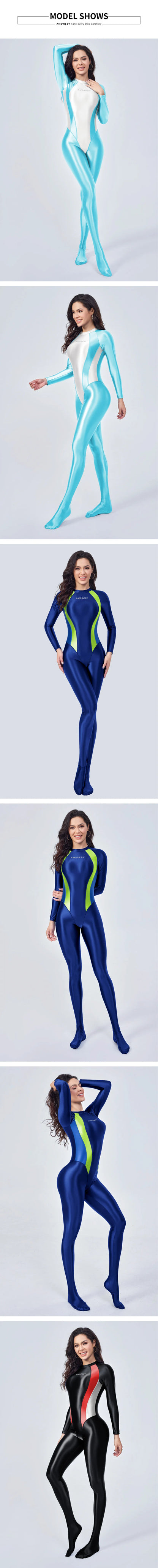 AMORESY satin Glossy Tights Long sleeved color blocked tight jumpsuit XClocKNYoung series Hot Spring Sports Yoga Tights