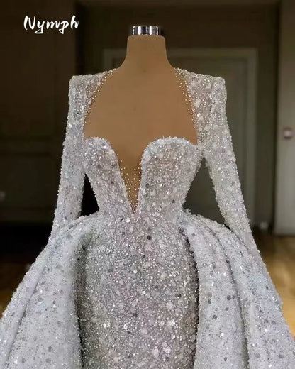 Customized SParkly Crystals Beads Wedding Dress Detachable Train Robe De Mariée Bridal Gowns With Long Sleeves Vestido De Novia