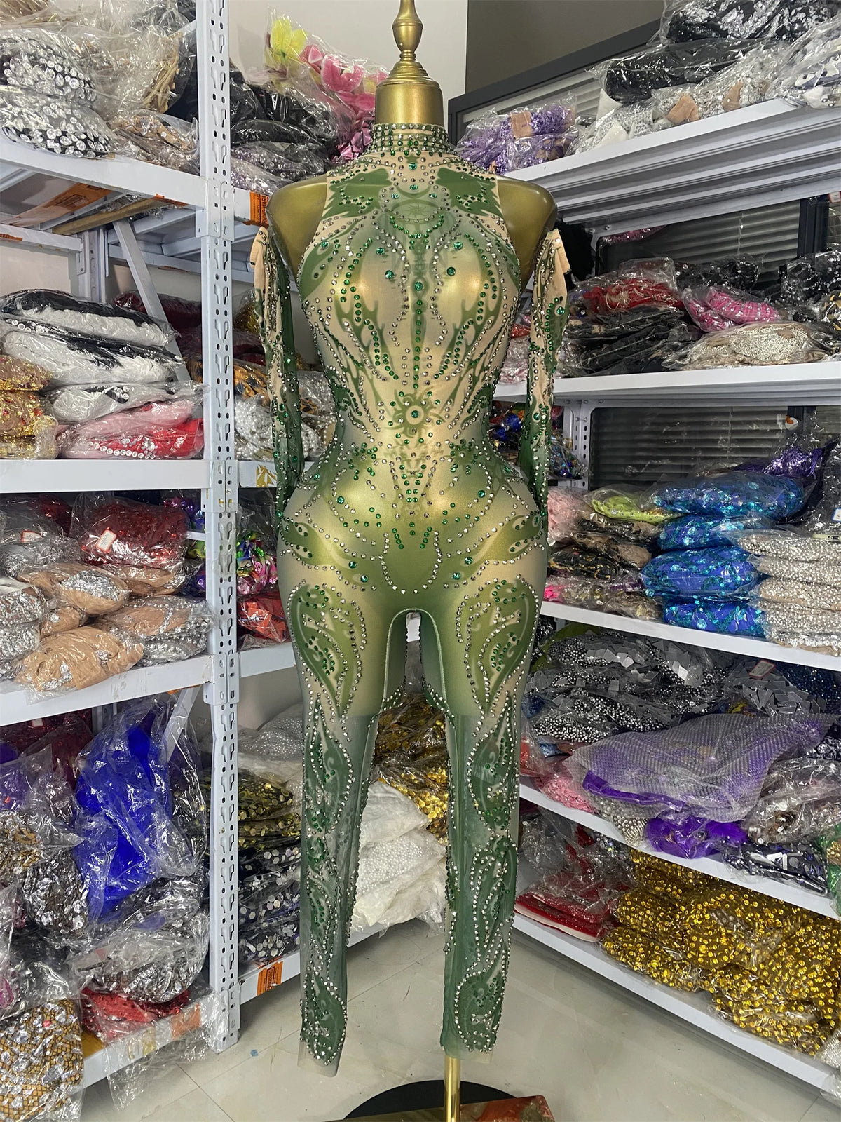 Sparkly Rhinestones Printed Mesh Bodycon Green Jumpsuits With Sleeves See Through Masquerade Costume Dress Night Club DJ Gogo
