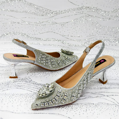 New Arrival Fashion Rhinestone Design Dreamy Color Pointed Toe Women High Heels and Bag Set For Party Wedding or Work