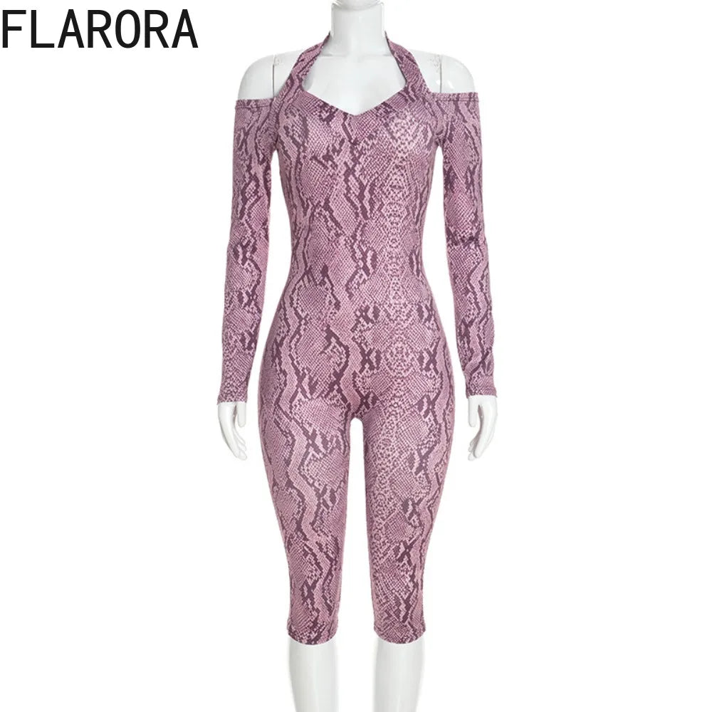 FLARORA Sexy Serpentine Print Jumpsuits Woman Halter Off-shoulder Full Sleeve Skinny Peach Hip Playsuits Hottie Party Clubwear